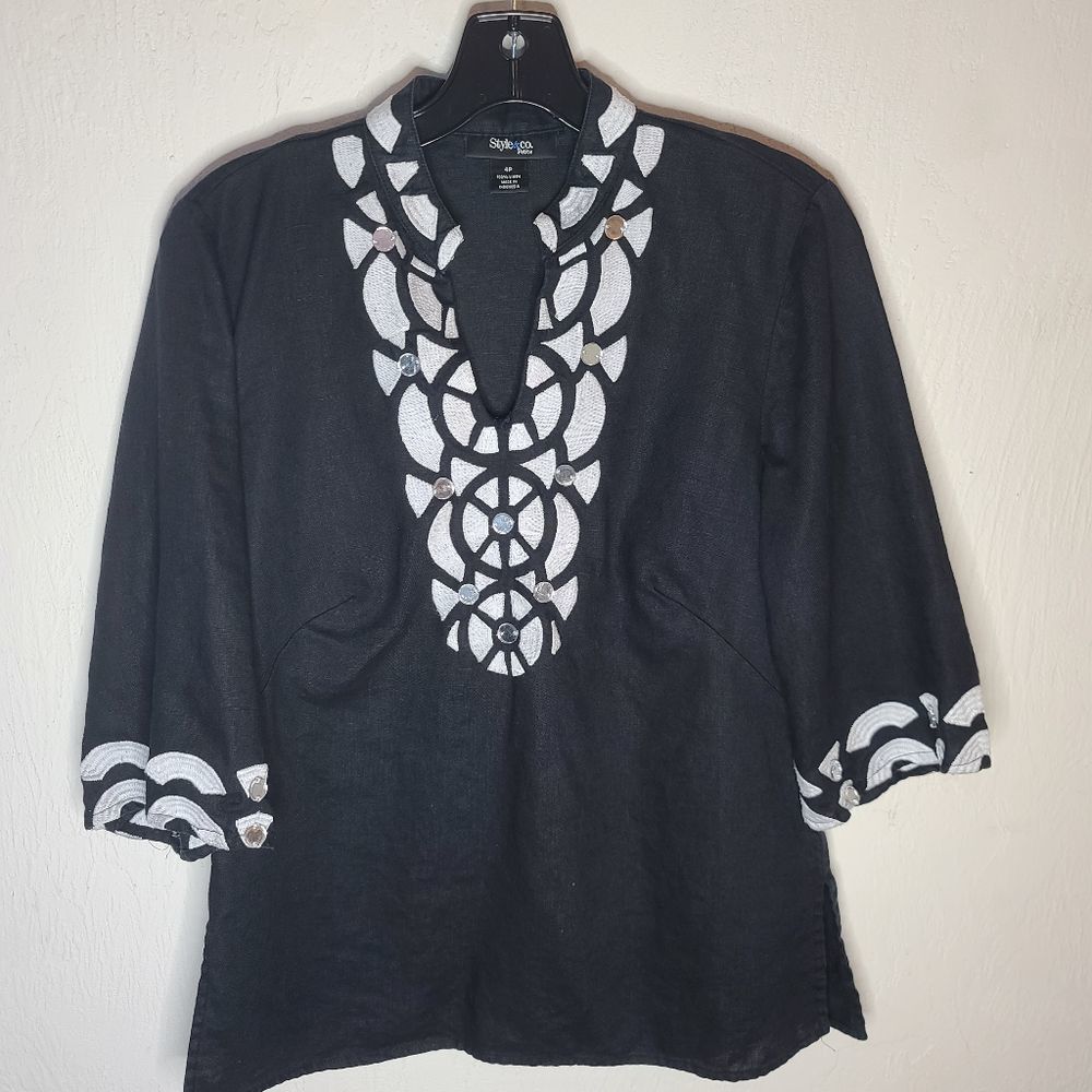 Style and Co. Black and White Linen V Neck Tunic 3/4 sleeve Size 4P